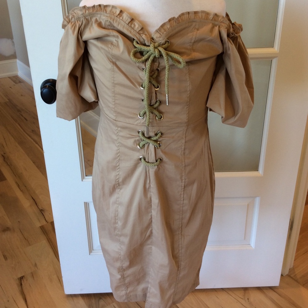 Boutique dress lace up off the shoulder khaki S